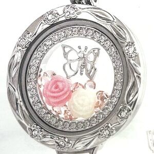 Origami Owl LG Silver Twist Locket with charms, crystal window, & chain